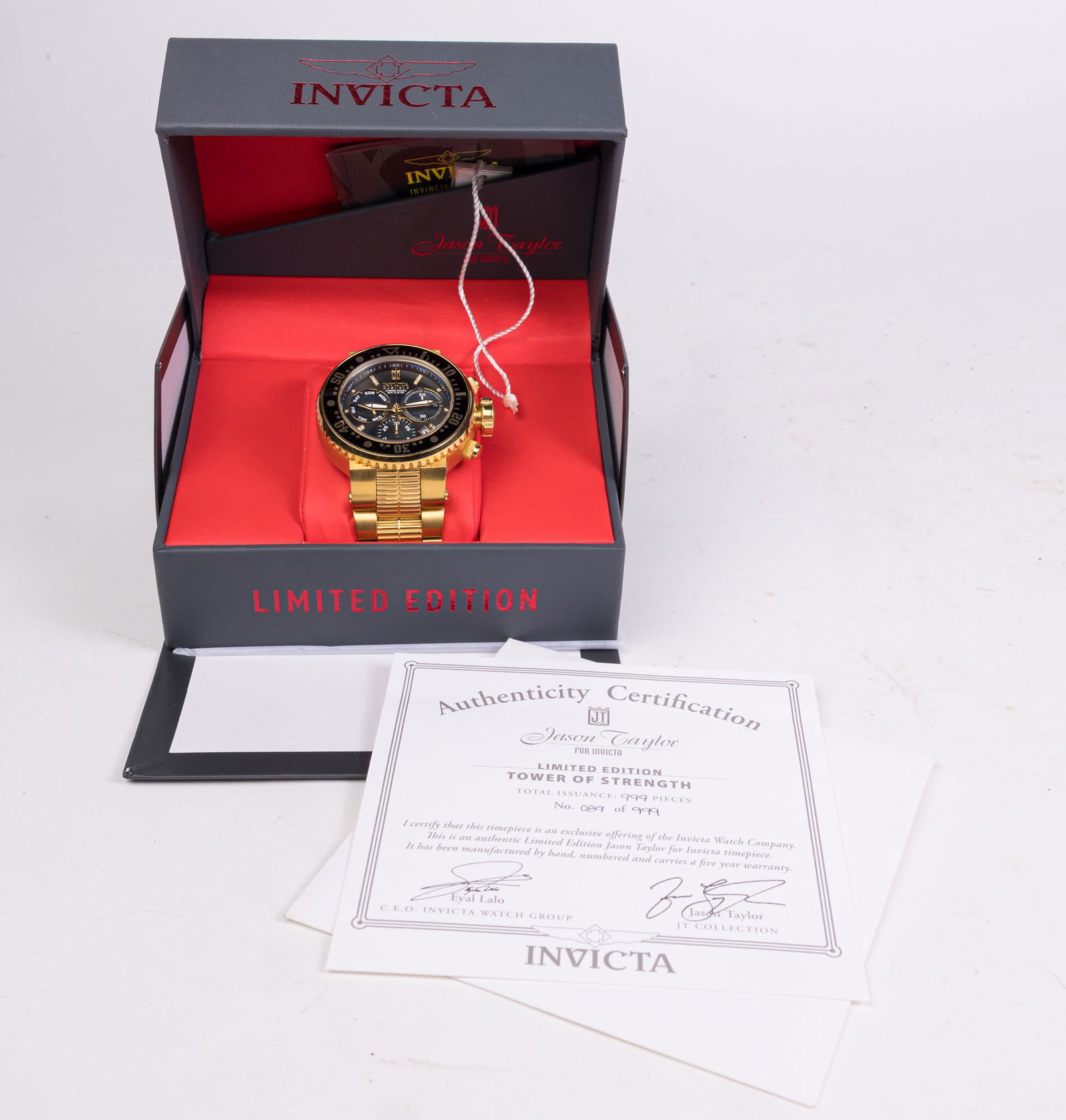 Jason Taylor for Invicta Men's Quartz Watch in Case: Jason Taylor for Invicta Men's Quartz Watch in Case: 52mm. (27) Diamond stones, .9mm. Limited edition in the original box. Marked Limited edition 089/999, flame fusion crystal, Model No. 30214, stainl
