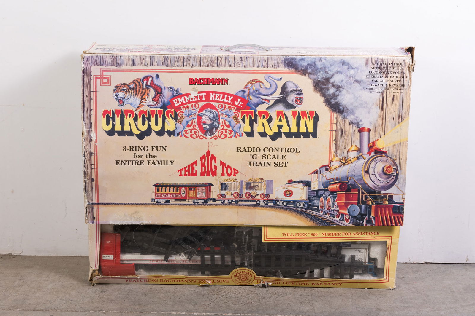 Bachmann Emmett Kelly Jr. Circus Train "The Big Top" G Scale Train Set: Bachmann Emmett Kelly Jr. Circus Train "The Big Top" G Scale Train Set, in original box, some wear to box Size 24" x 33" x 7" Literature Brooks Auction is not responsible for outbids. Questions? Cal