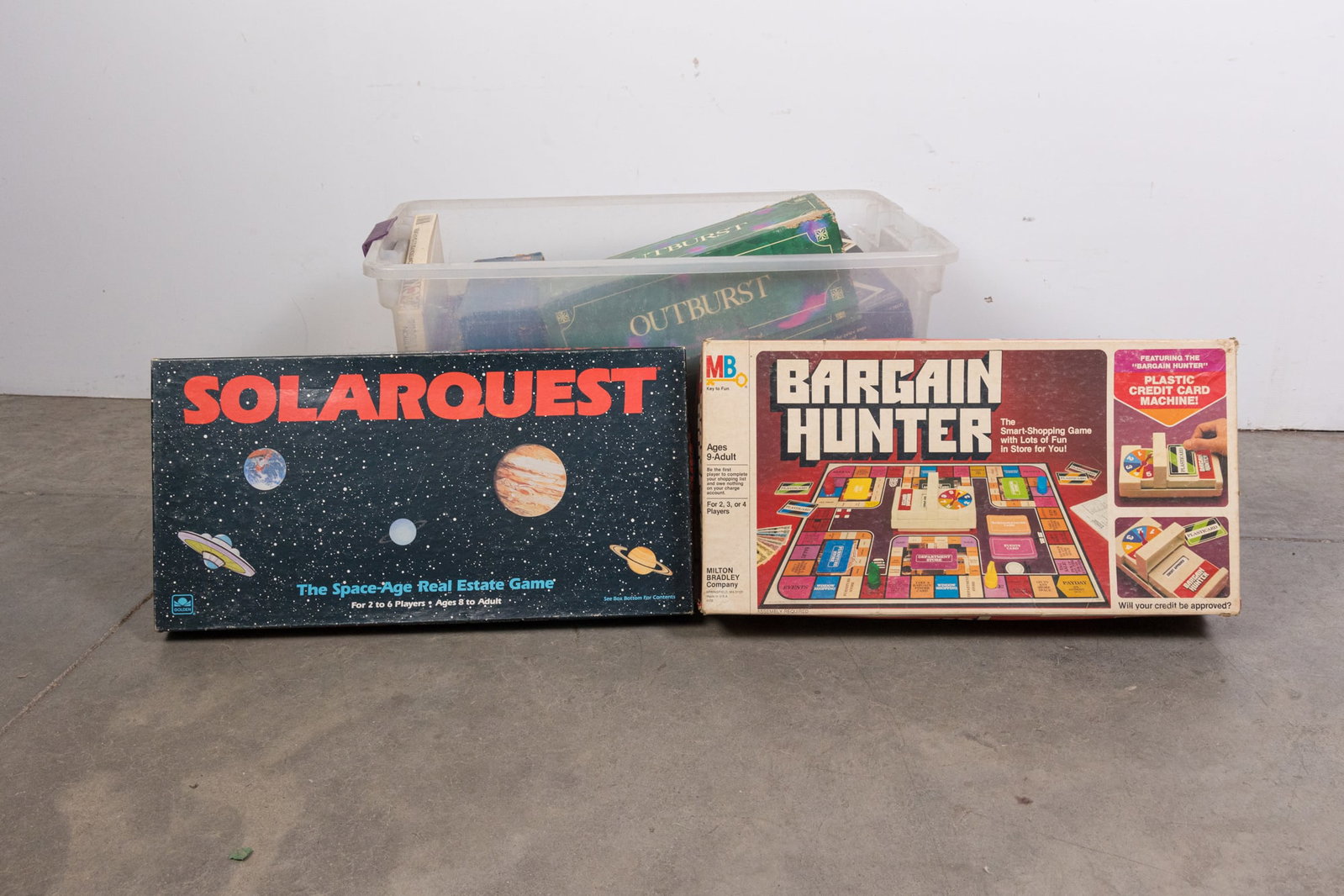 Large Lot of Vintage Board Games: Large Lot of Vintage Board Games: solar quest - outburst - Rack O - and more Size 13" x 23" x 15" Literature Brooks Auction is not responsible for outbids. Questions? Call the office at (856) 694-29