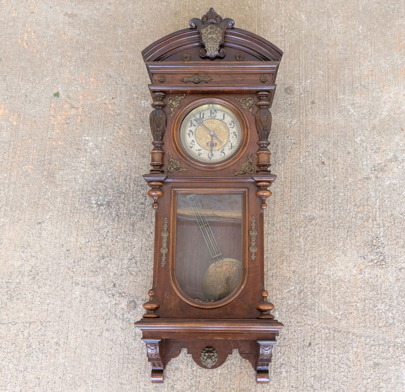 Antique Wall Clock Faun Motif, Brass Adornments (1 of 4)