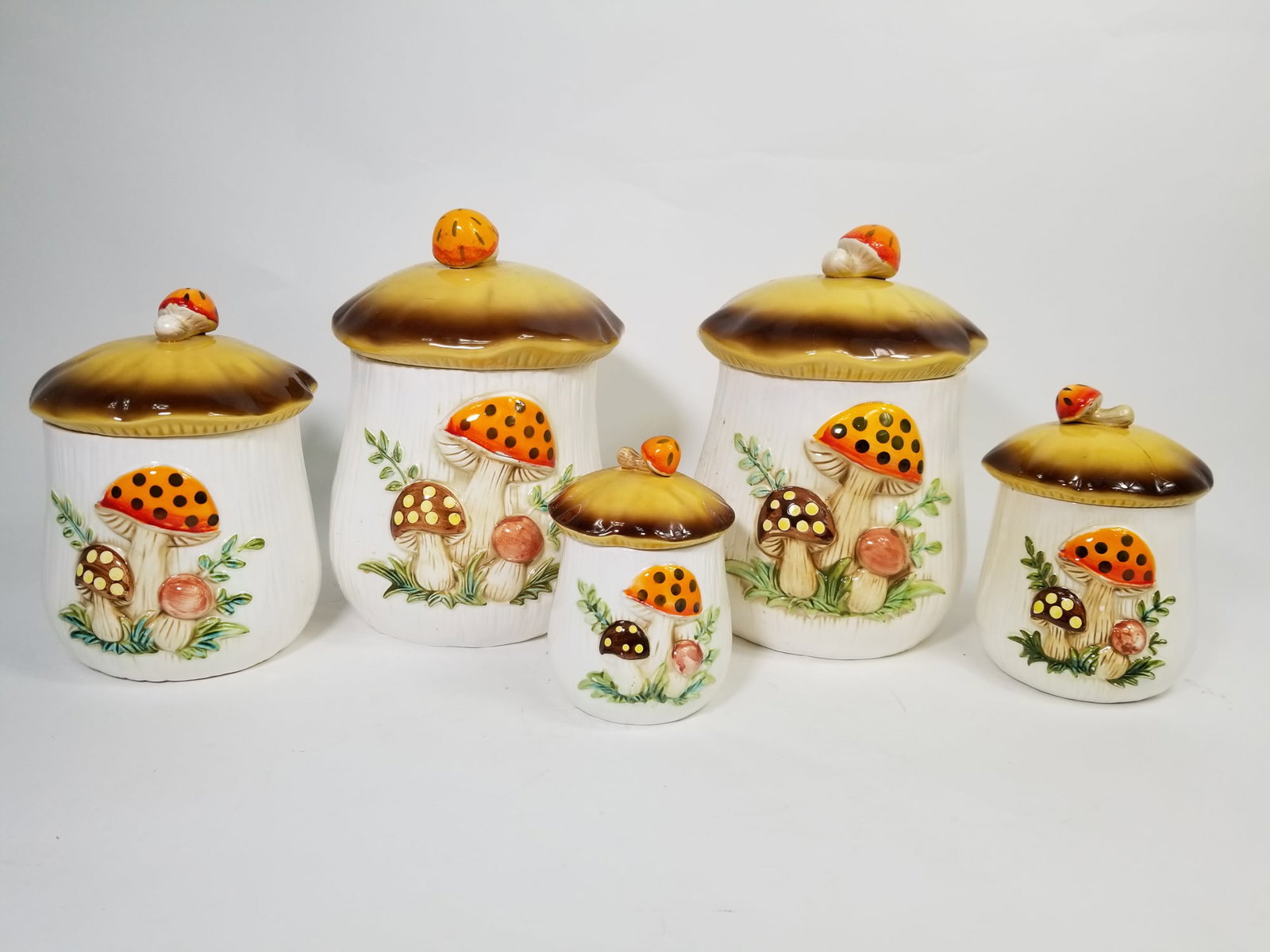 Set of Five Vintage Groovy Mushroom Kitchen Canisters (1 of 10)