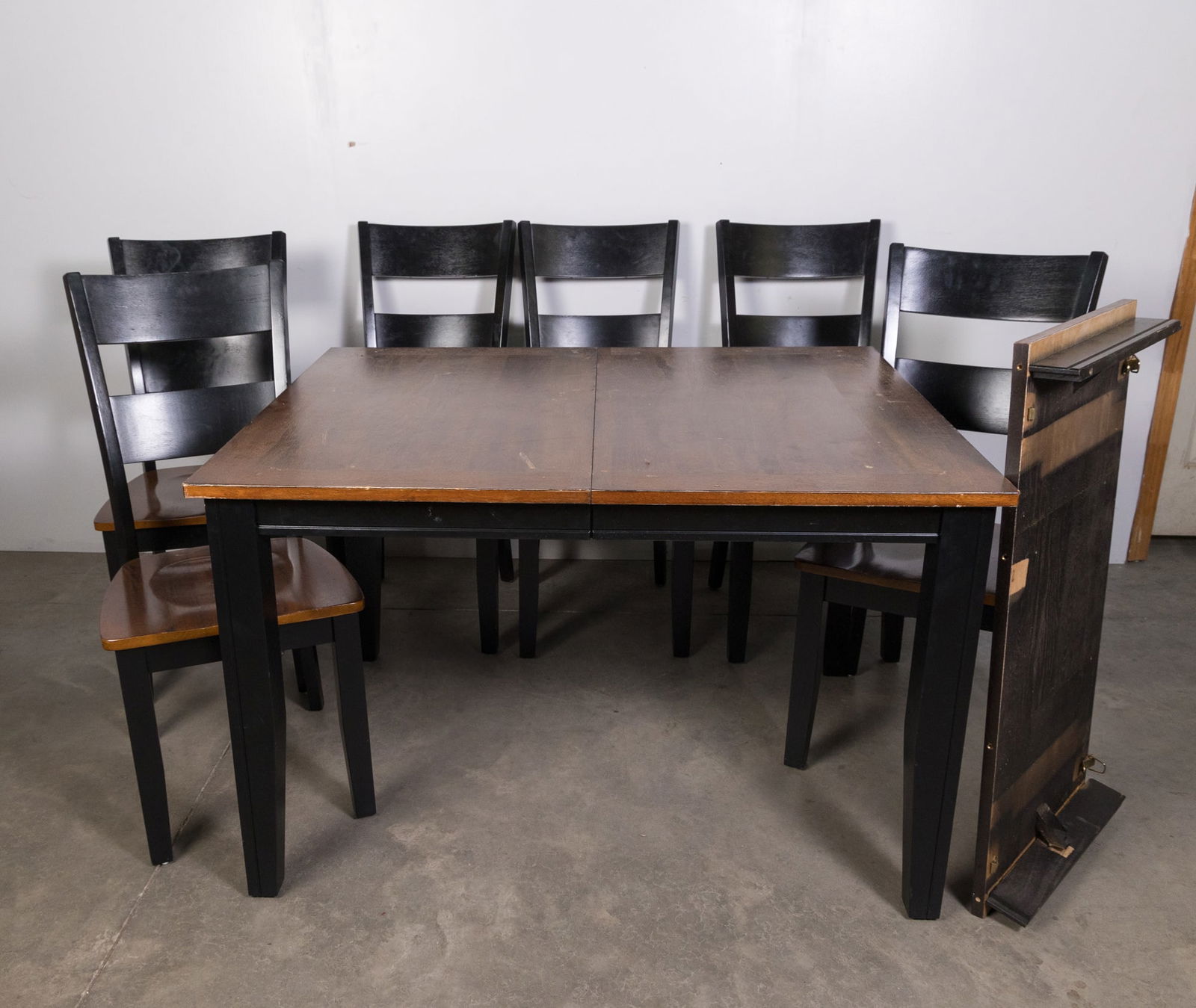 Contemporary Seven Piece Dining Set: Contemporary Seven Piece Dining Set: table with leaf - six dining chairs Size 30" x 48" x 48" Literature Brooks Auction is not responsible for outbids. Questions? Call the office at (856) 694-2960 o
