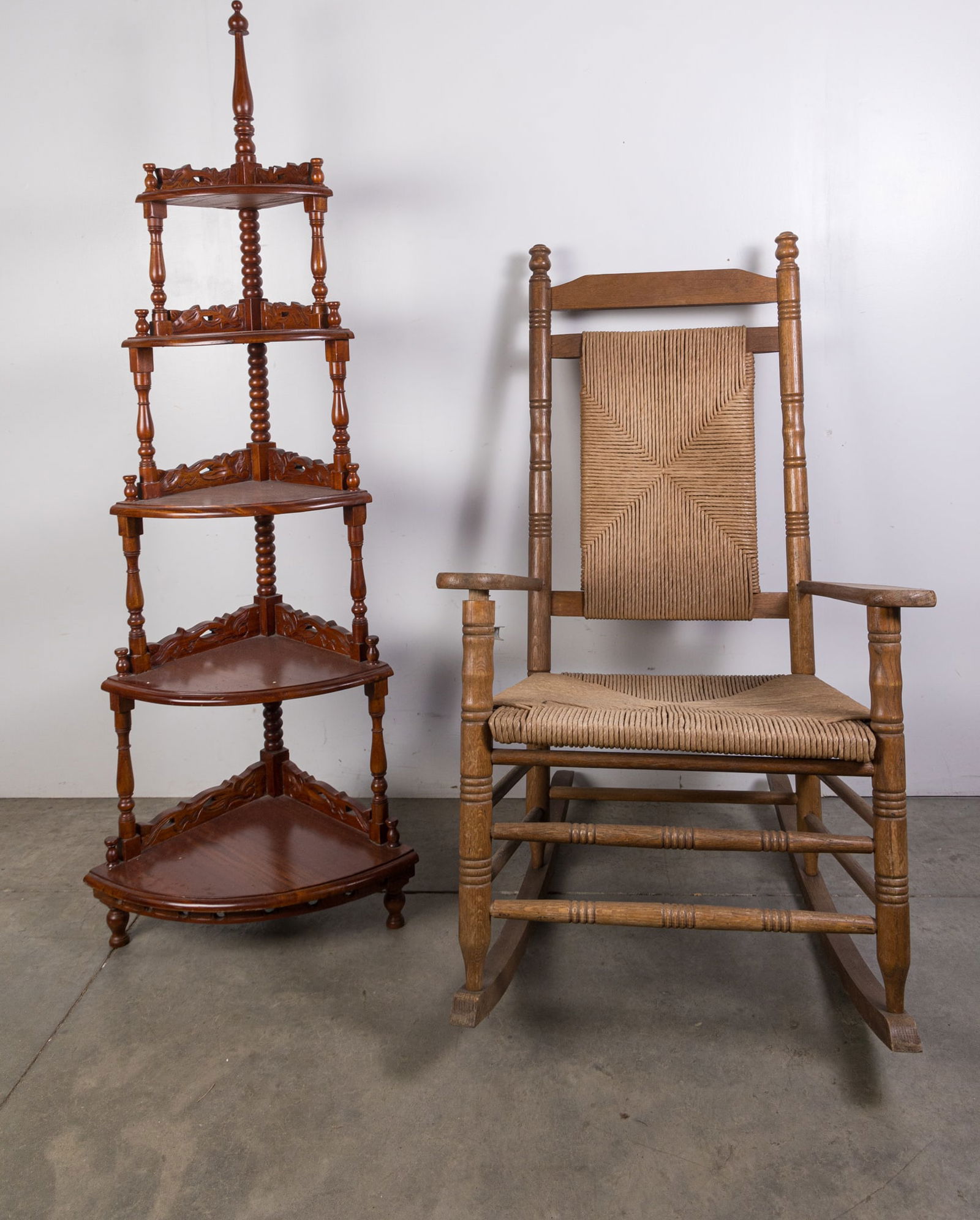 Two Pieces of Vintage Furniture: Two Pieces of Vintage Furniture: vintage rush seat rocking chair - vintage what-not corner shelf Size 47" x 27" x 33" Literature Brooks Auction is not responsible for outbids. Questions? Call the of