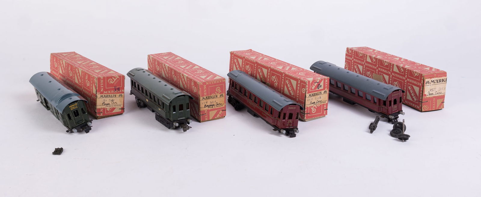 Marklin 1st 341-344 Train Cars in Original Boxes: Marklin 1st 341-344 Train Cars in Original Boxes: 341 Passenger Car - 342 Passenger Car - 343 Passenger Car - 344 Baggage Car Literature Brooks Auction is not responsible for outbids. Questions? Call