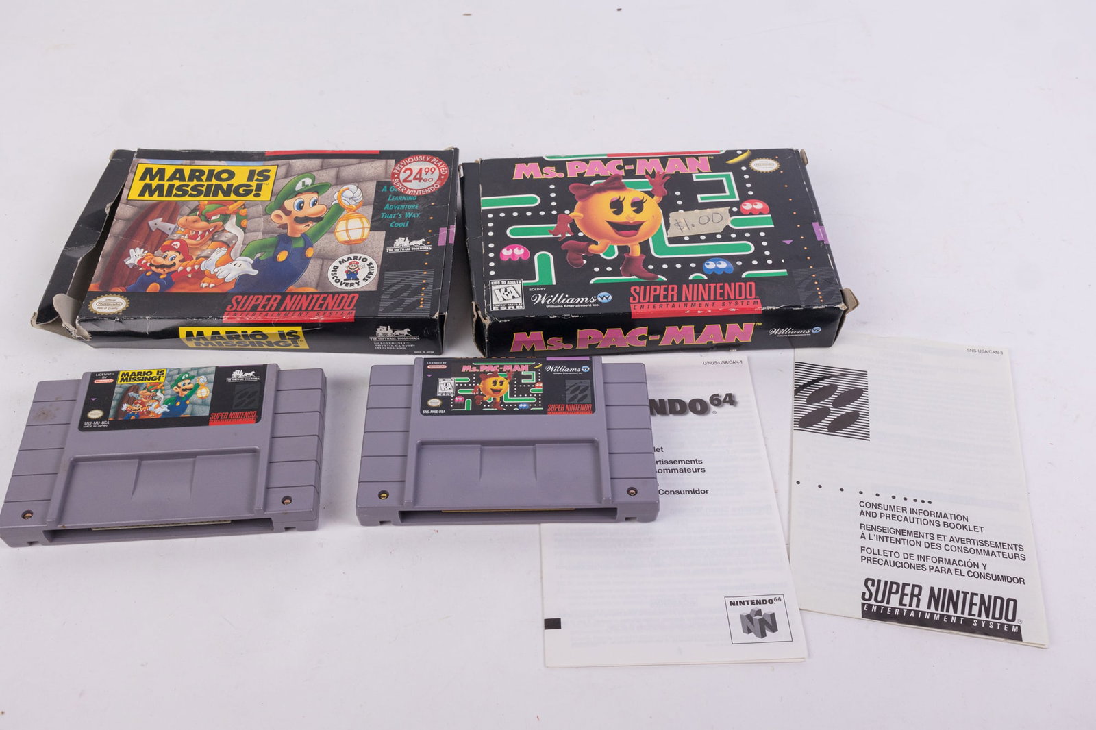 Two Vintage SNES Super Nintendo Games CIB Mario is Missing & Ms. Pac-Man (1 of 5)