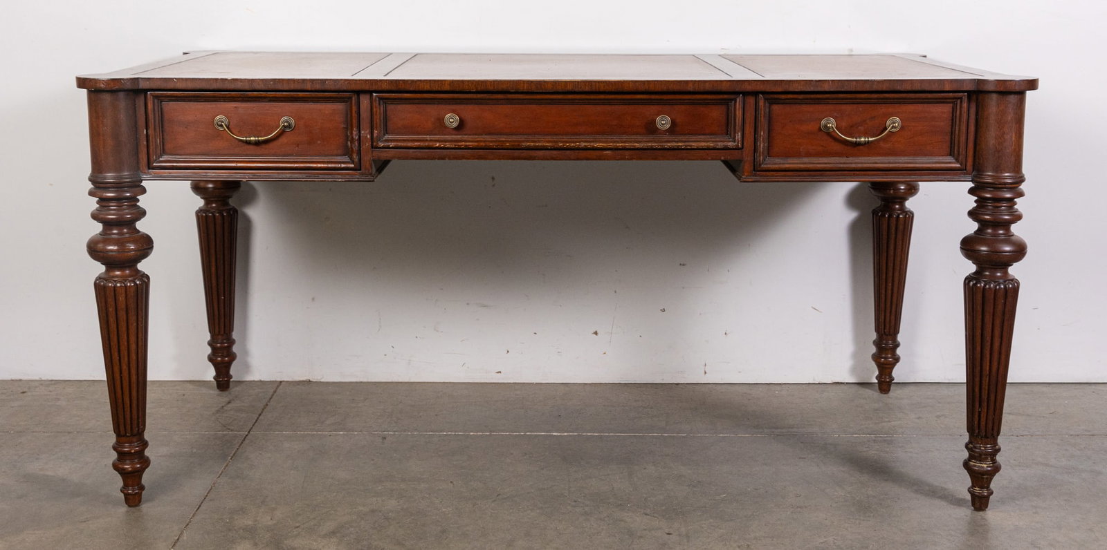 Vintage Leather Top Writing Desk: Vintage Leather Top Writing Desk Size 30" x 64" x 30" Literature Brooks Auction is not responsible for outbids. Questions? Call the office at (856) 694-2960 or email us directly at info@brooks.aucti