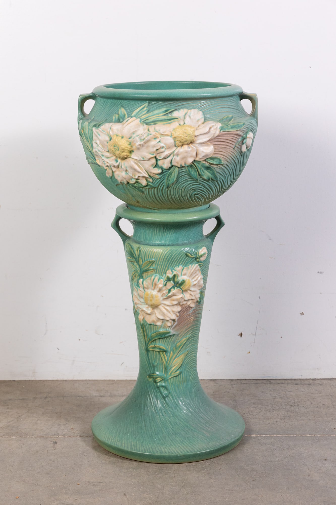 Roseville Peony Green 1942 Vintage Art Pottery Jardiniere And Pedestal 661-10 (1 of 7)
