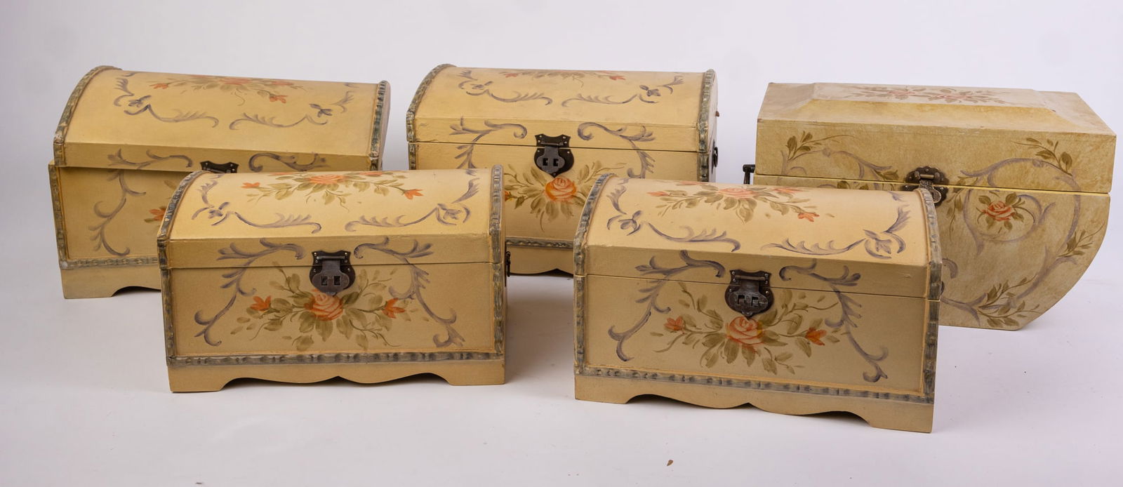 Five Floral Painted Decorative Boxes: Five Floral Painted Decorative Boxes Size 8" x 12" x 9" Literature Brooks Auction is not responsible for outbids. Questions? Call the office at (856) 694-2960 or email us directly at info@brooks.auc