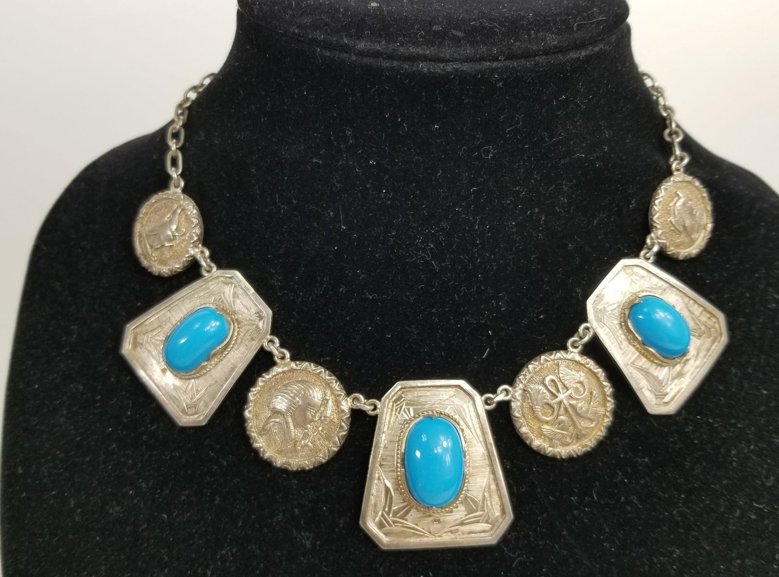 Egyptian Revival Sterling Silver Turquoise Necklace: Egyptian Revival Sterling Silver Turquoise Necklace, unmarked, total weight 47.3 grams Literature Brooks Auction is not responsible for outbids. Questions? Call the office at (856) 694-2960 or email u