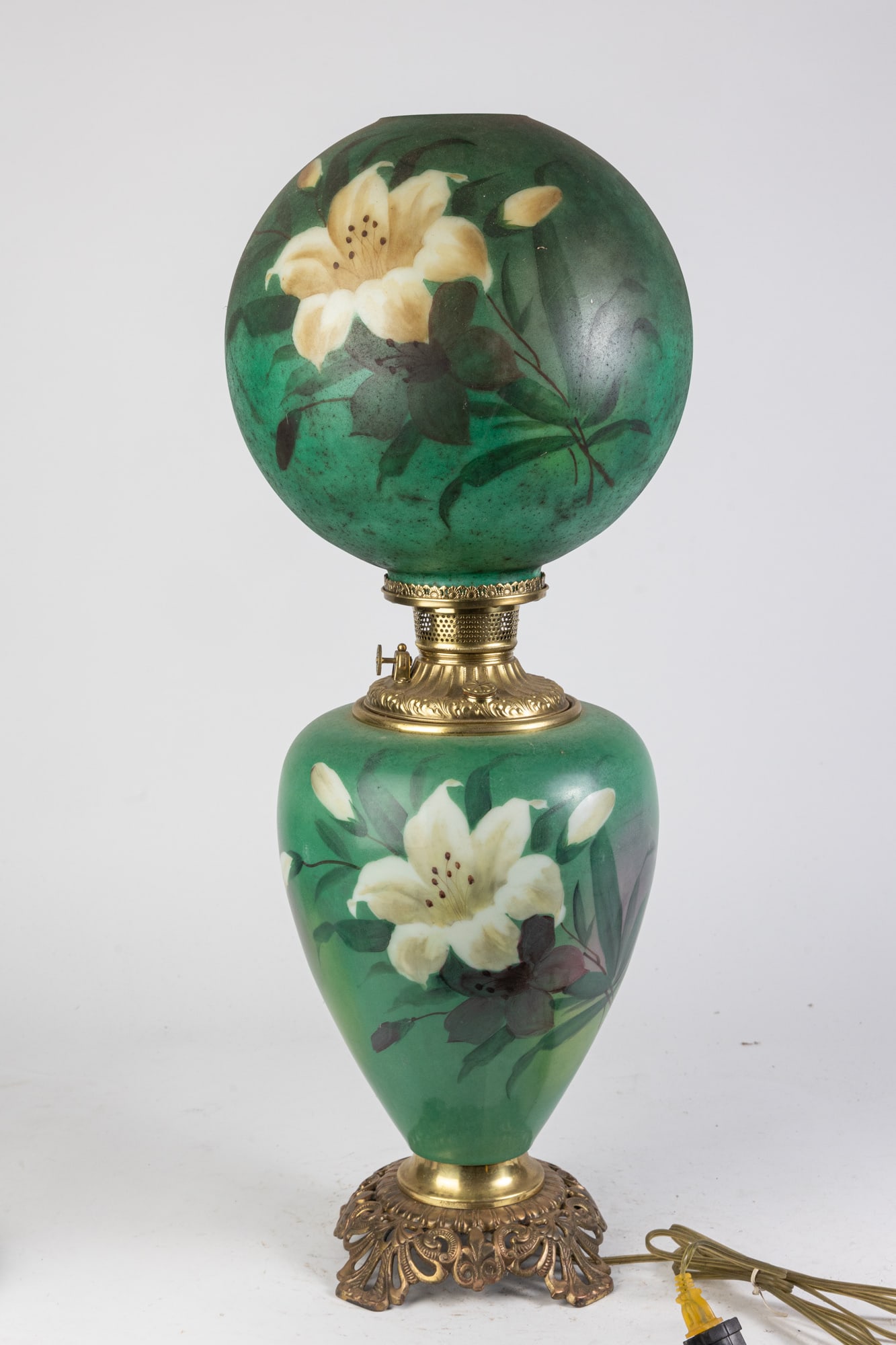 White Lily on Deep Green Globe Double GWTW Lamp (1 of 4)