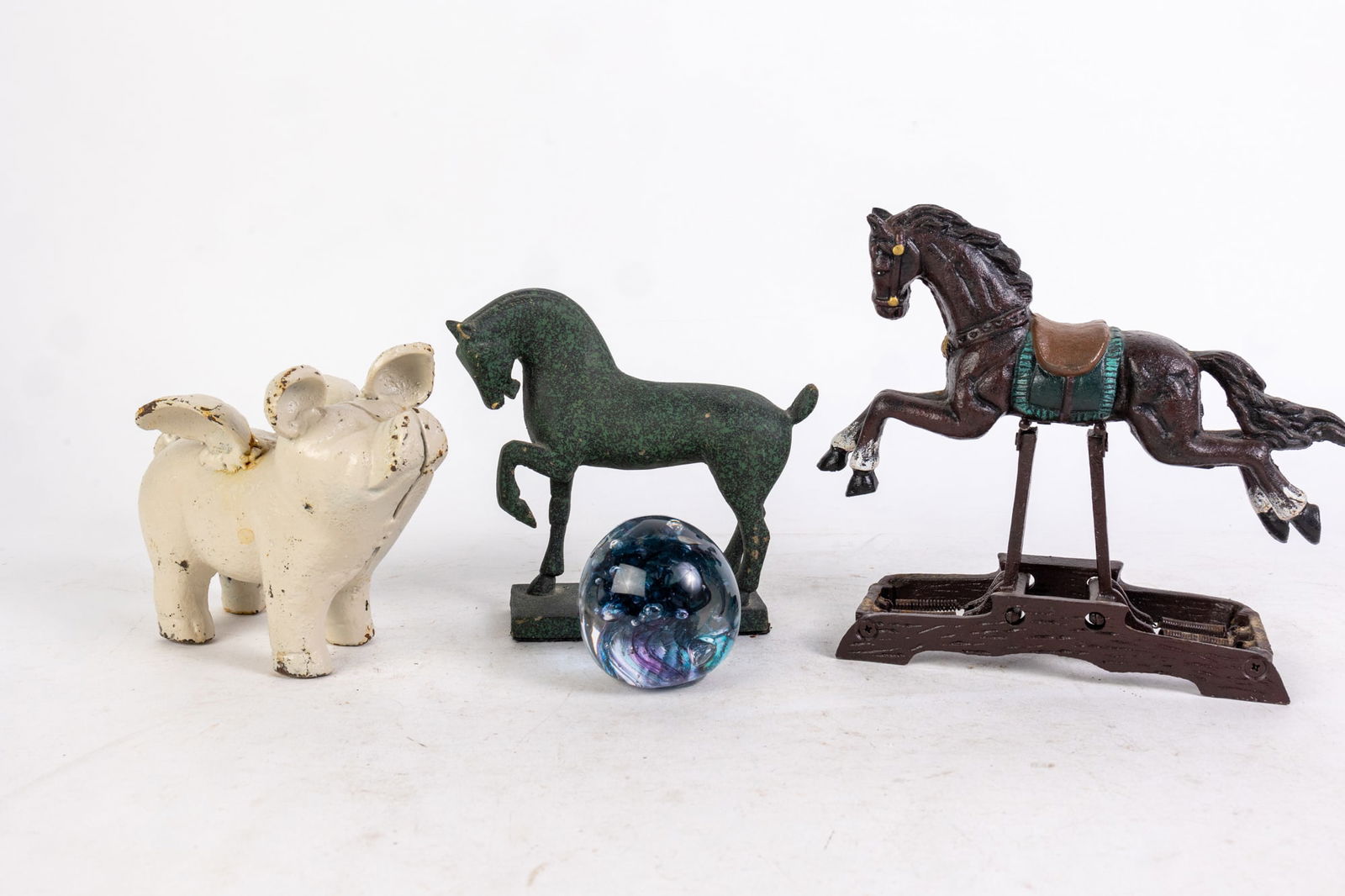 Three Cast Iron Animals and Glass Paperweight (1 of 6)
