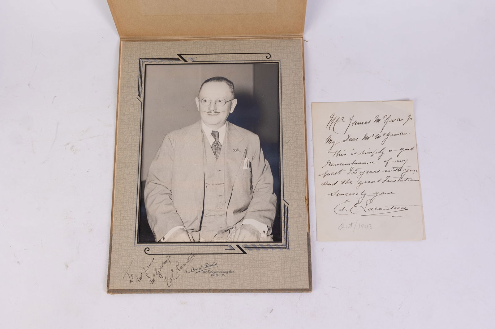 Signed Photograph and Letter from Eduard Lacourtiere, Executive Chef at the Campbell's Soup Company: Signed Photograph and Letter from Eduard Lacourtiere, Executive Chef to James M. McGowan Jr., president at the Campbell's Soup Company. The letter reads, "Mr. James M McGowan Jr. My dear M. McGowan. T