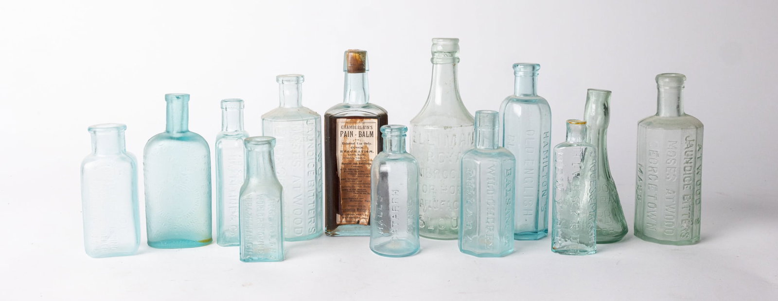 Lot of Antique Aqua Apothecary Glass Bottles (1 of 9)