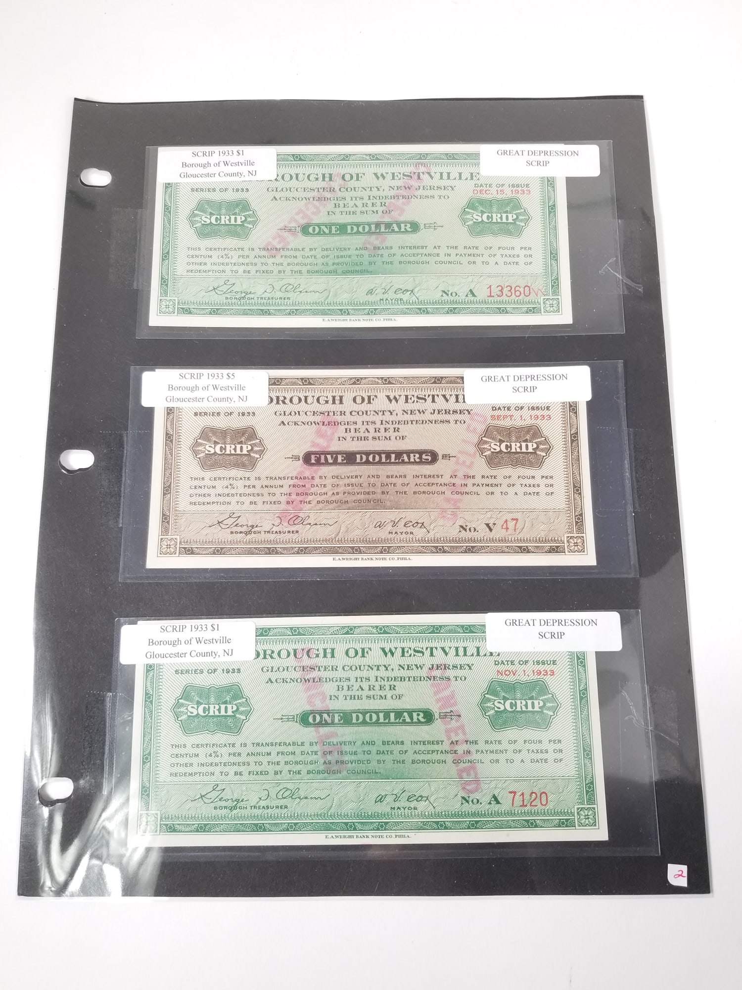 $1 and $5 Great Depression Script: $1 and $5 Great Depression Script, borough of Westville Gloucester County, NJ Literature Brooks Auction is not responsible for outbids. Questions? Call the office at (856) 694-2960 or email us directl