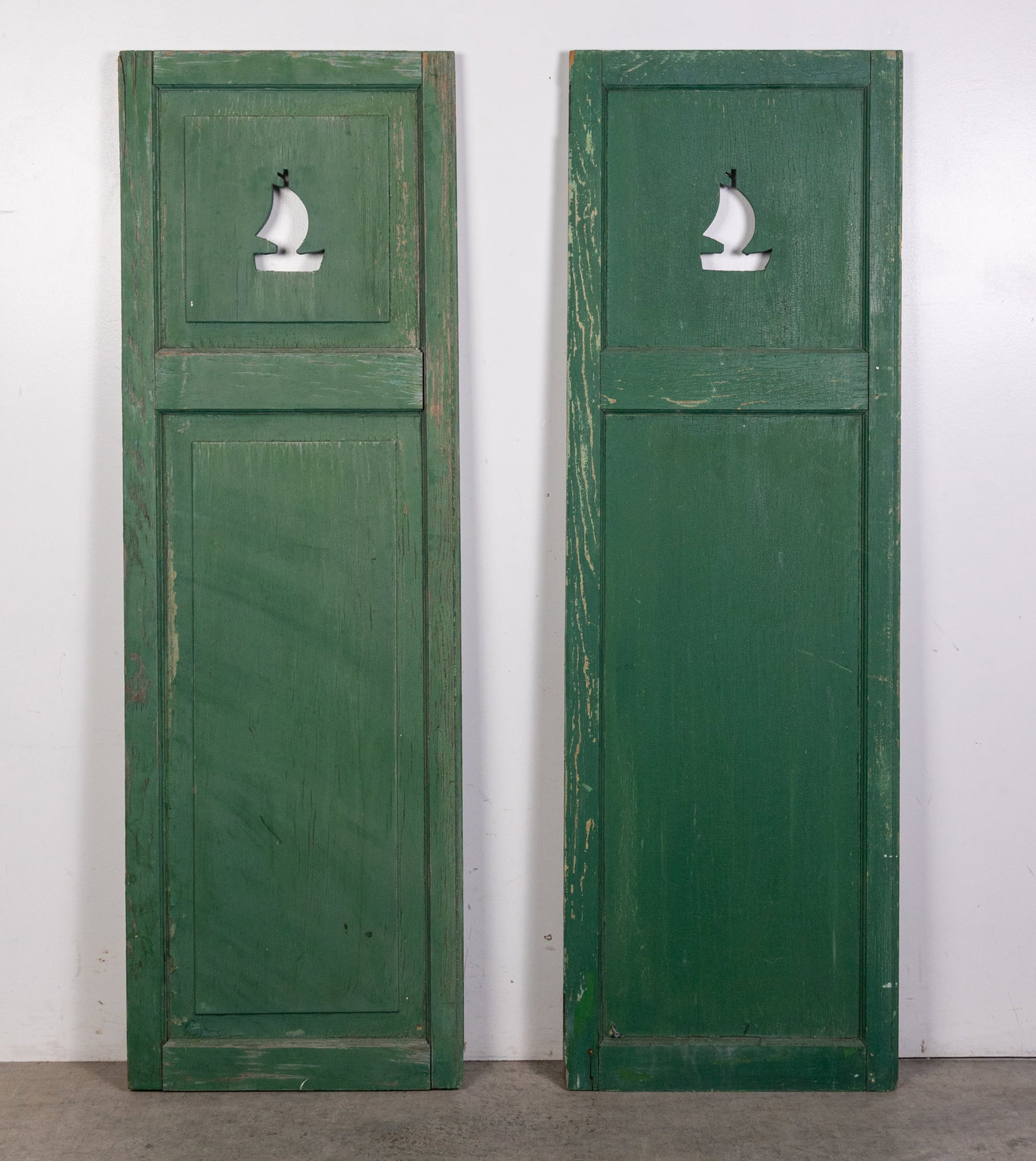 Pair of Vintage Rustic Green Nautical Shutters: Pair of Vintage Rustic Green Nautical Shutters Size 55" x 18" Literature Brooks Auction is not responsible for outbids. Questions? Call the office at (856) 694-2960 or email us directly at info@broo