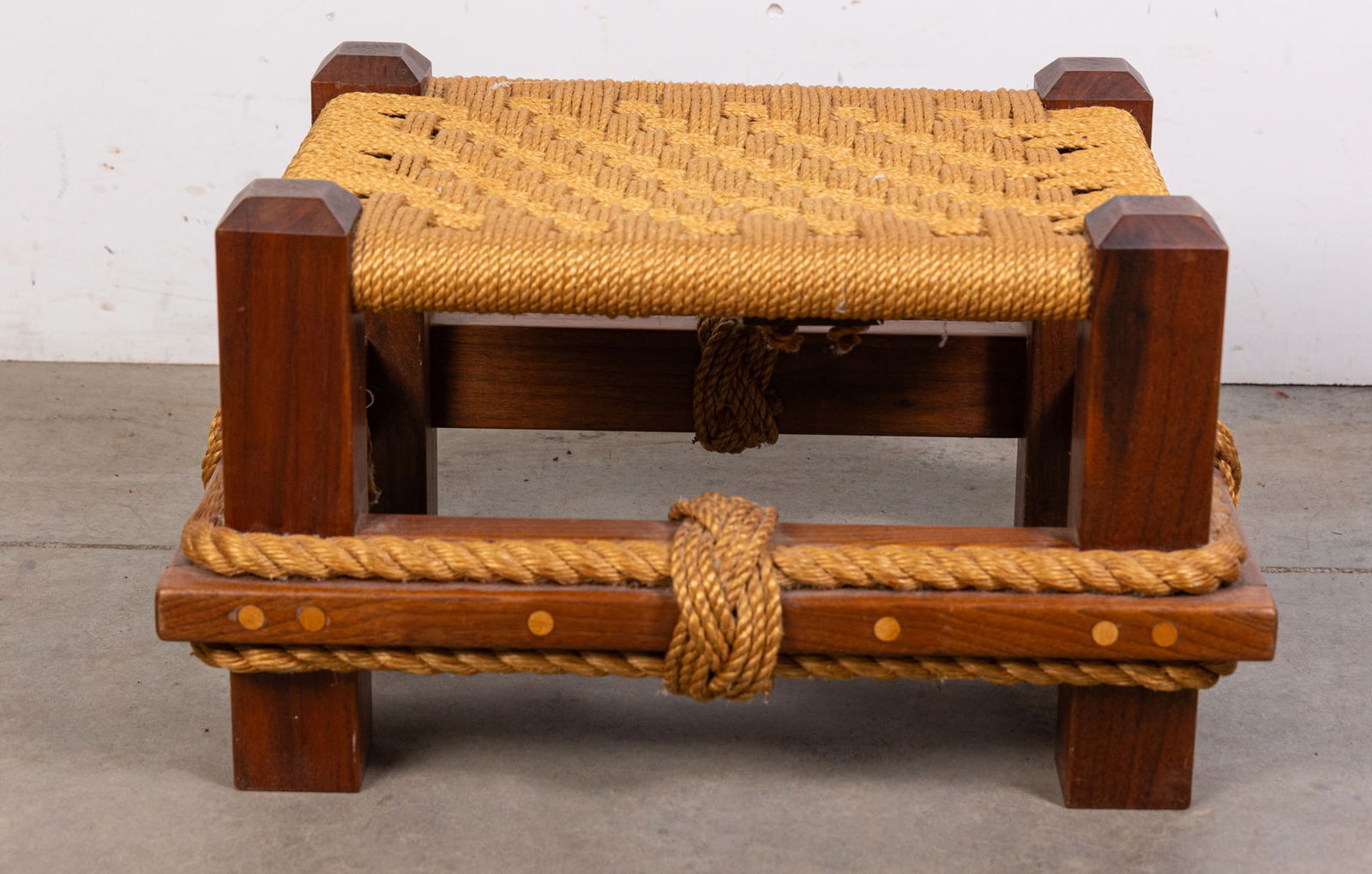 Local Folk Art Teak & Danish Cord Woven Footstool Signed (1 of 7)