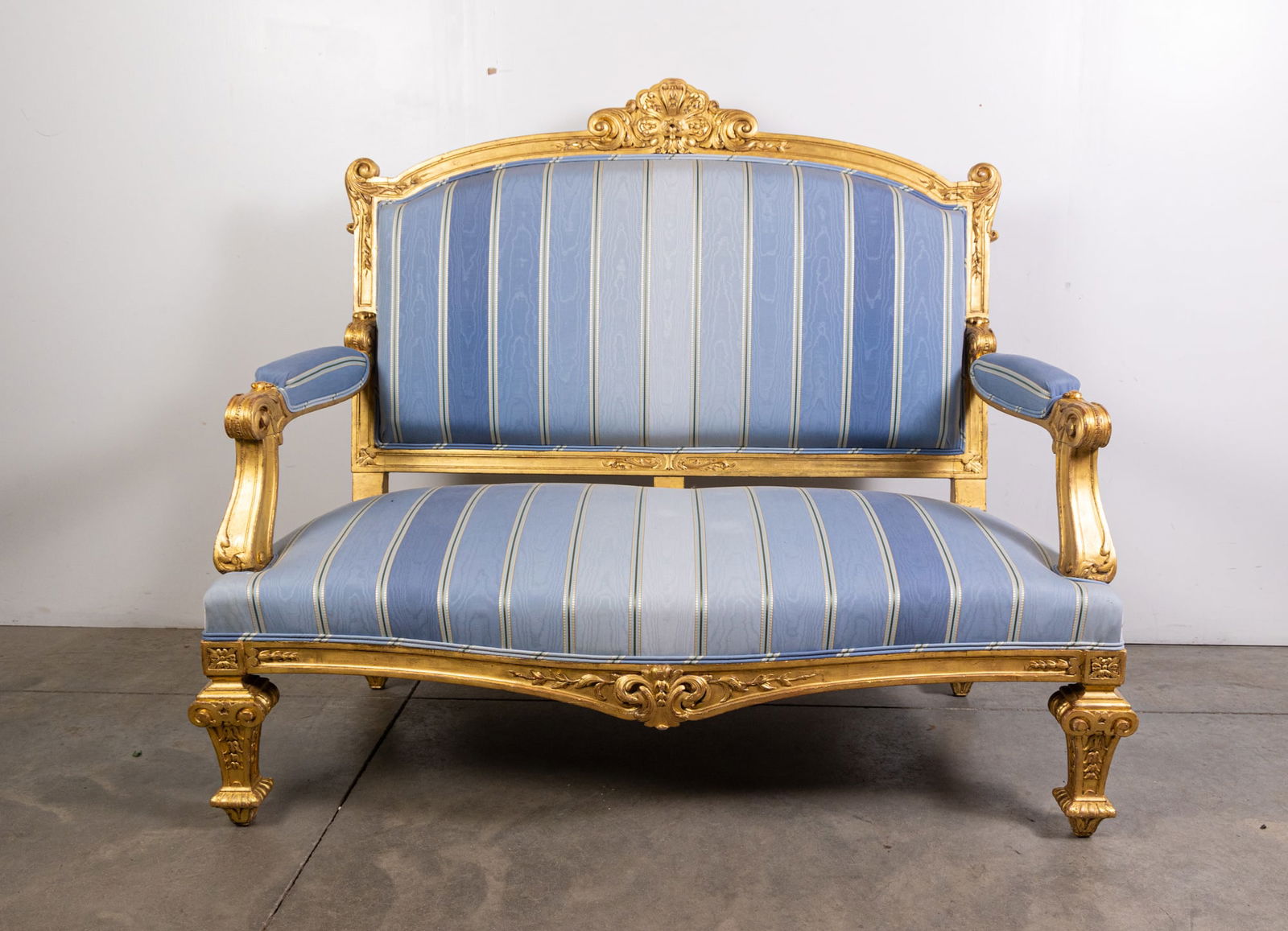 Louis XVI Style Sofa w/ Light Blue Upholstery & Gold Gilt Frame (1 of 7)