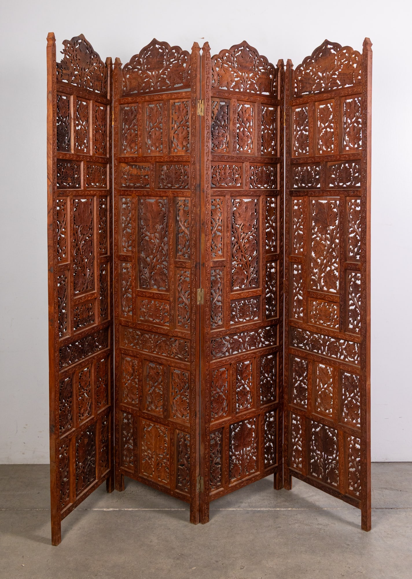 Heavily Carved Vintage Teak Four-Panel Room Divider Folding Screen (1 of 4)