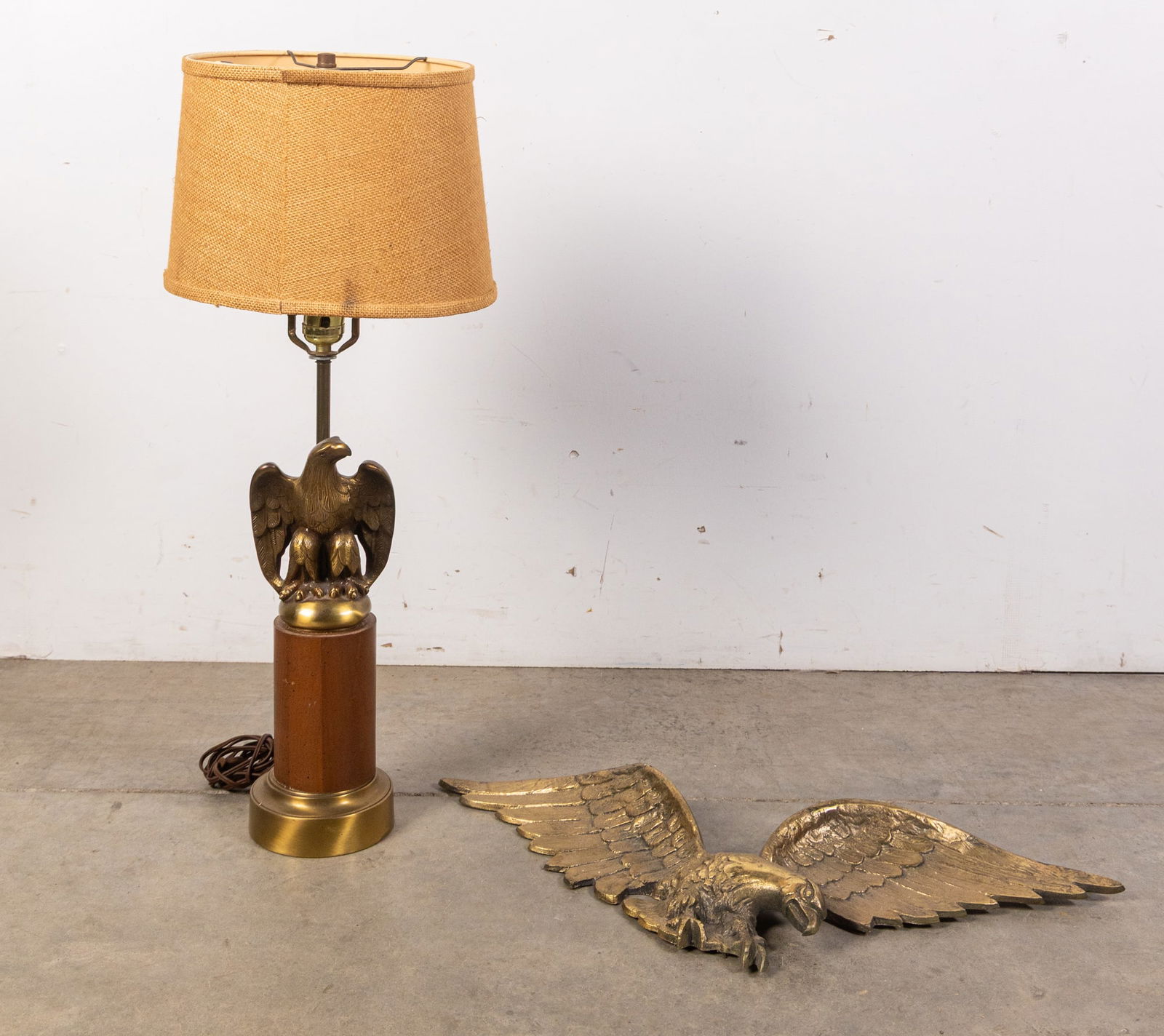 Brass & Walnut Figural Eagle Lamp & Wall Hanging (1 of 4)