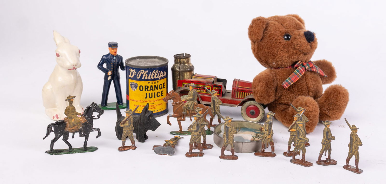 Assorted Vintage and Antique Toys: Assorted Vintage and Antique Toys: DRGM German antique frog dexterity puzzle - lead figurines - tin litho penny toy fire truck - Dakin bear - and more Size 7" x 12" x 12" (box size) Literature Brooks