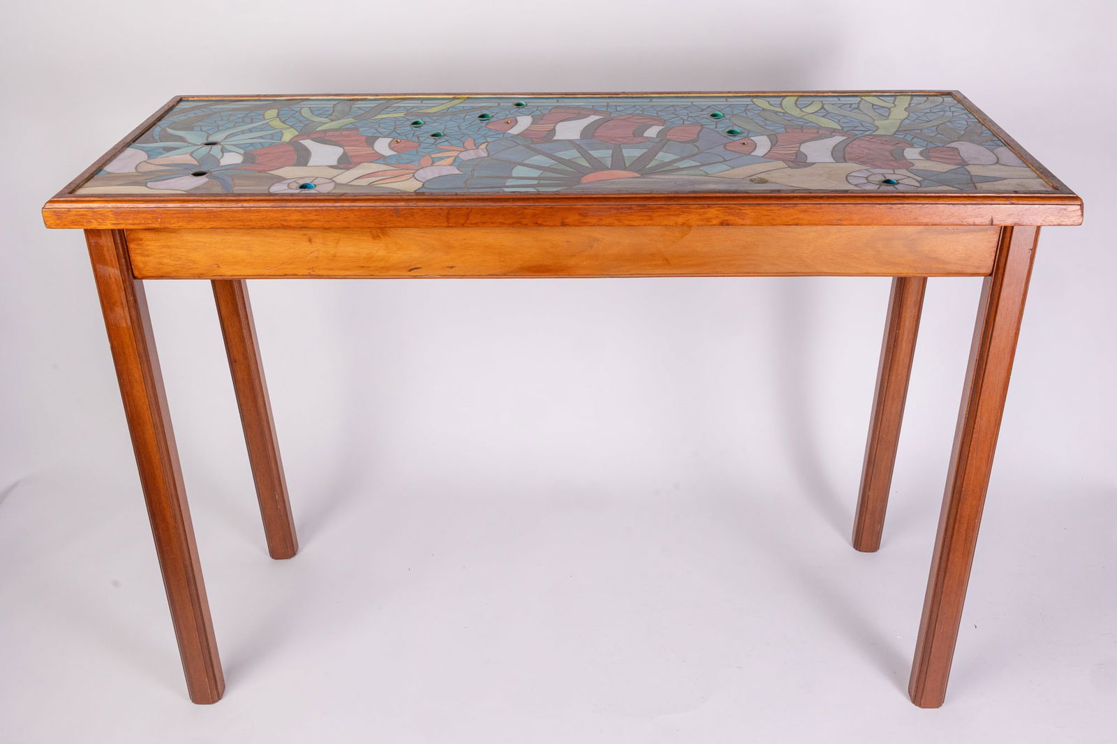 Slag Glass Mosaic Aquatic Scene Console Table: Slag Glass Mosaic Aquatic Scene Console Table Size 28" x 40" x 16" Literature Brooks Auction is not responsible for outbids. Questions? Call the office at (856) 694-2960 or email us directly at info