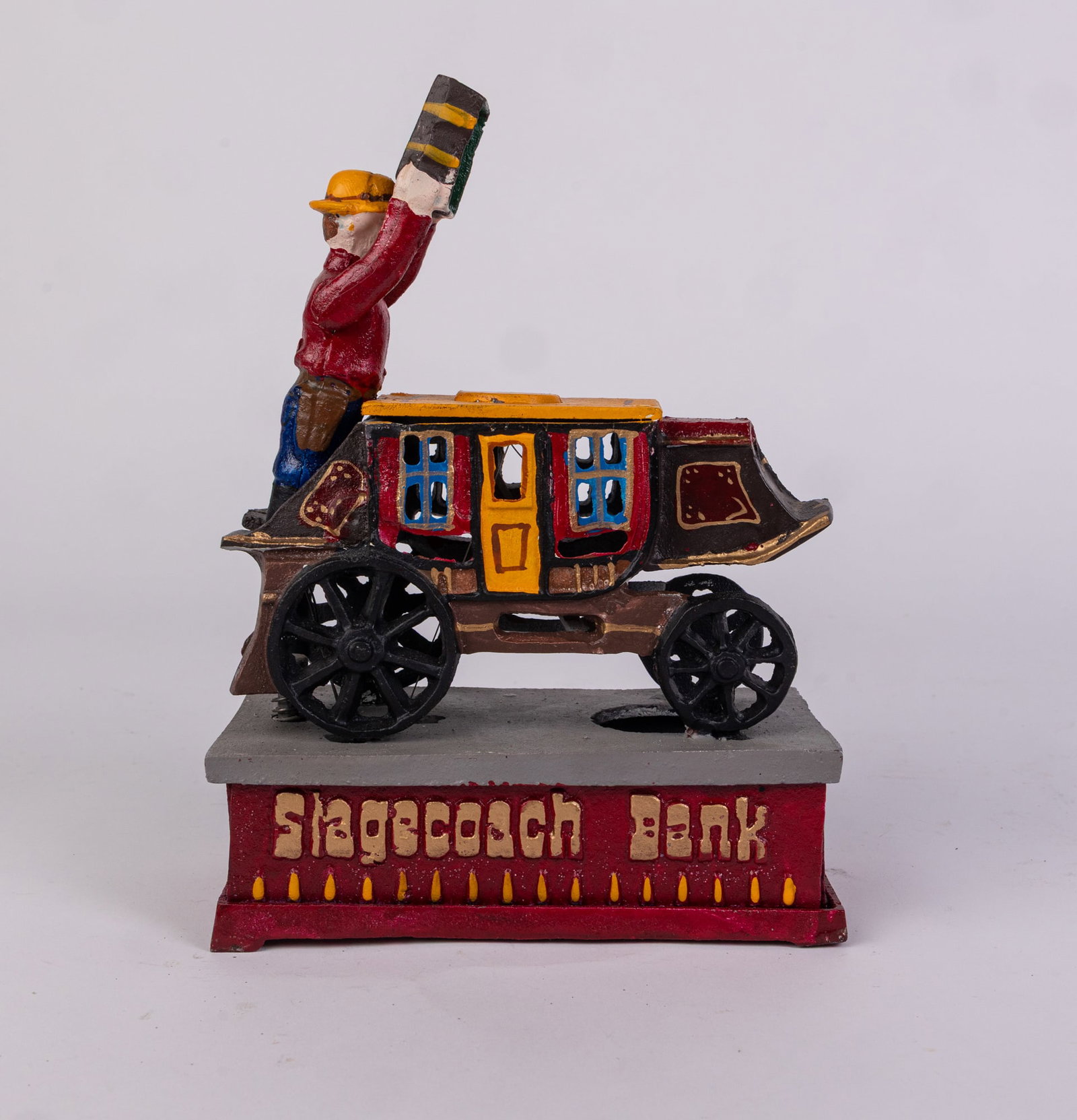 Stagecoach Mechanical Bank: Stagecoach Mechanical Bank Size 9" Literature Brooks Auction is not responsible for outbids. Questions? Call the office at (856) 694-2960 or email us directly at info@brooks.auction. •