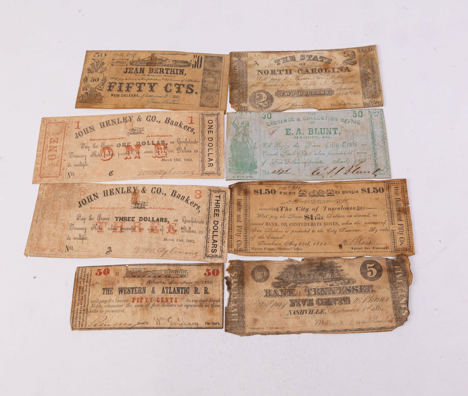 Eight Confederate Era Bills and Assorted Currency (1 of 5)