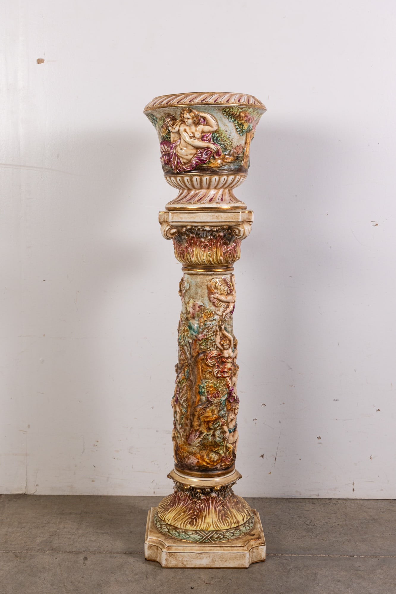Italian Capodimonte Porcelain Ornate Column with Vase: Italian Capodimonte Porcelain Ornate Column with Vase Size 42" H Literature Brooks Auction is not responsible for outbids. Questions? Call the office at (856) 694-2960 or email us directly at info@b