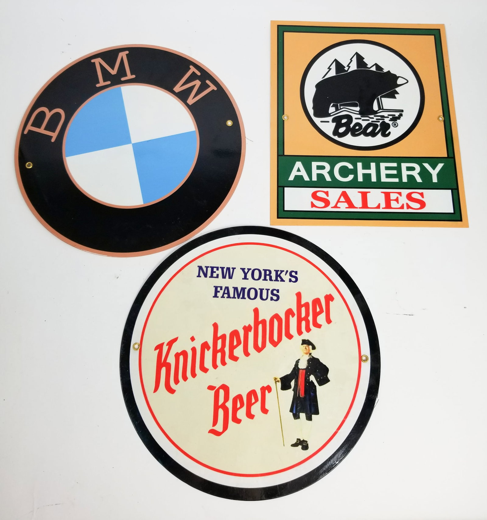 Wall Mounted Advertising Signs: Wall Mounted Advertising Signs: Bear Archery - BMW - Knickerbocker Beer Size 7" x 12" x 12" (box size) Literature Brooks Auction is not responsible for outbids. Questions? Call the office at (856) 6