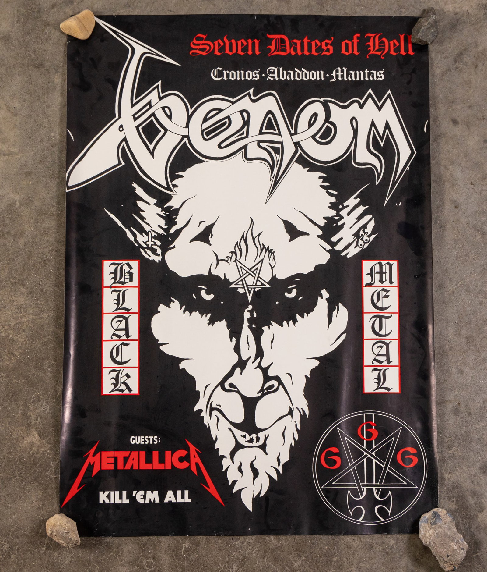 Venom & Metallica "Seven Dates of Hell" 1984 Tour Poster: Venom & Metallica "Seven Dates of Hell" 1984 Tour Poster, pinholes in corners but otherwise excellent condition Size 24" x 17" Literature Brooks Auction is not responsible for outbids. Questions? Ca