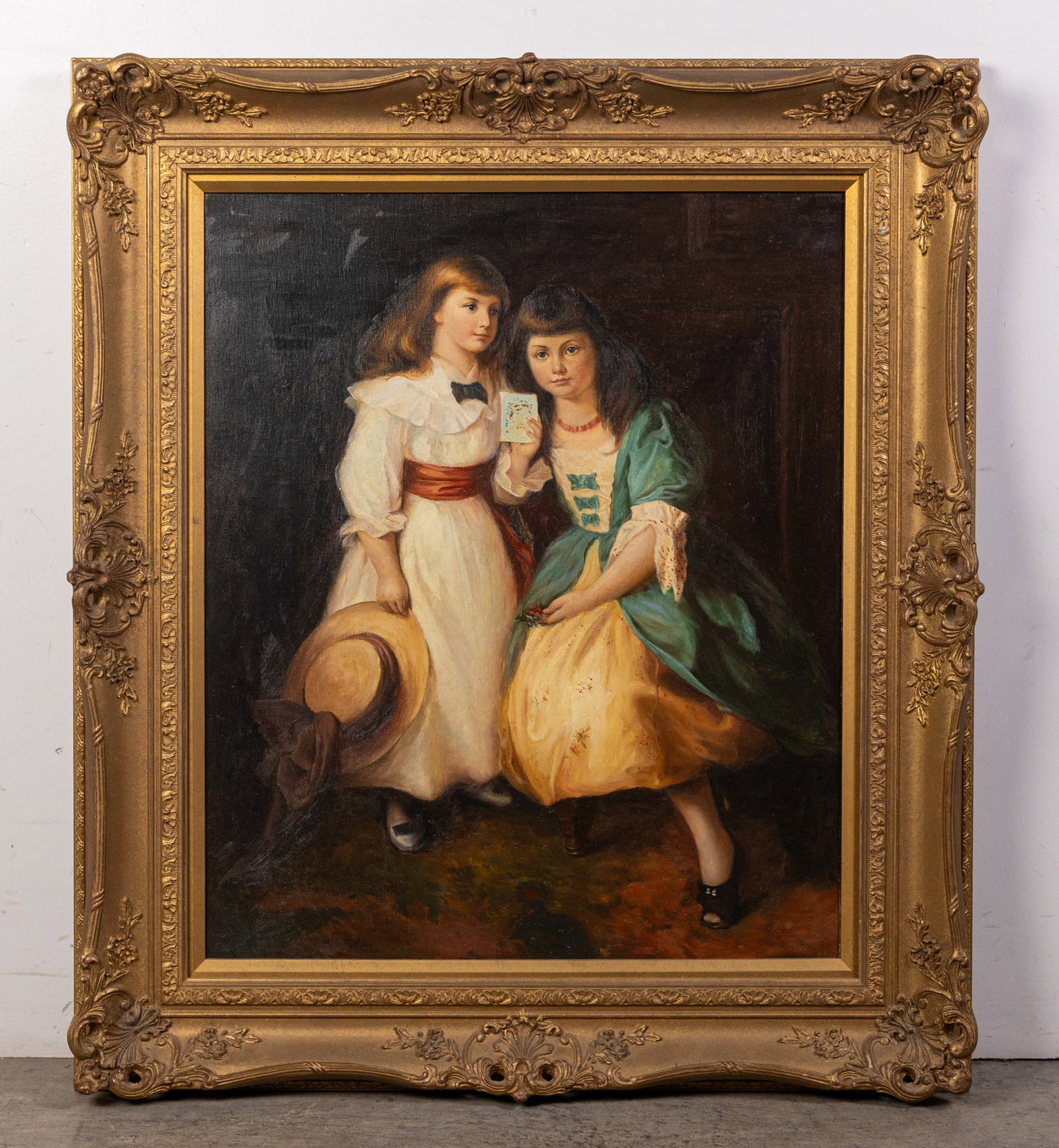 Original Oil Painting of Two Young Girls: Original Oil Painting of Two Young Girls, in ornate gold toned frame. signed in lower left hand corner but signature illegible Size 32" x 27" Literature Brooks Auction is not responsible for outbids.