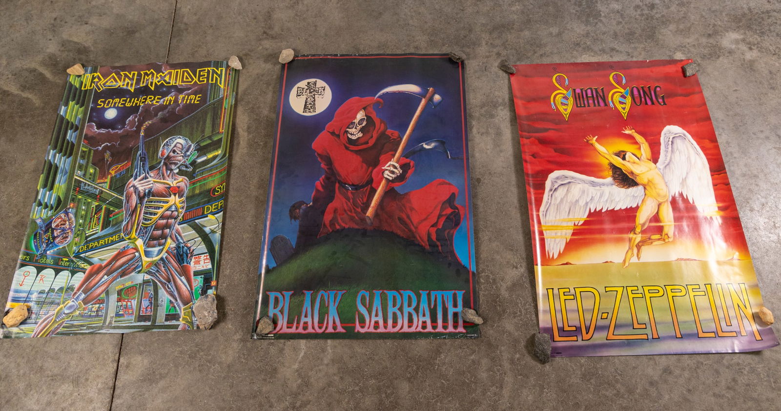 Three Vintage Rock/Metal Posters: Three Vintage Rock/Metal Posters: Black Sabbath Seventh Star reaper 1986 vintage poster - Led Zeppelin 1986 Swan Song poster - Iron Maiden Somewhere in Time 1986 vintage poster Size 24" x 36" Literatu