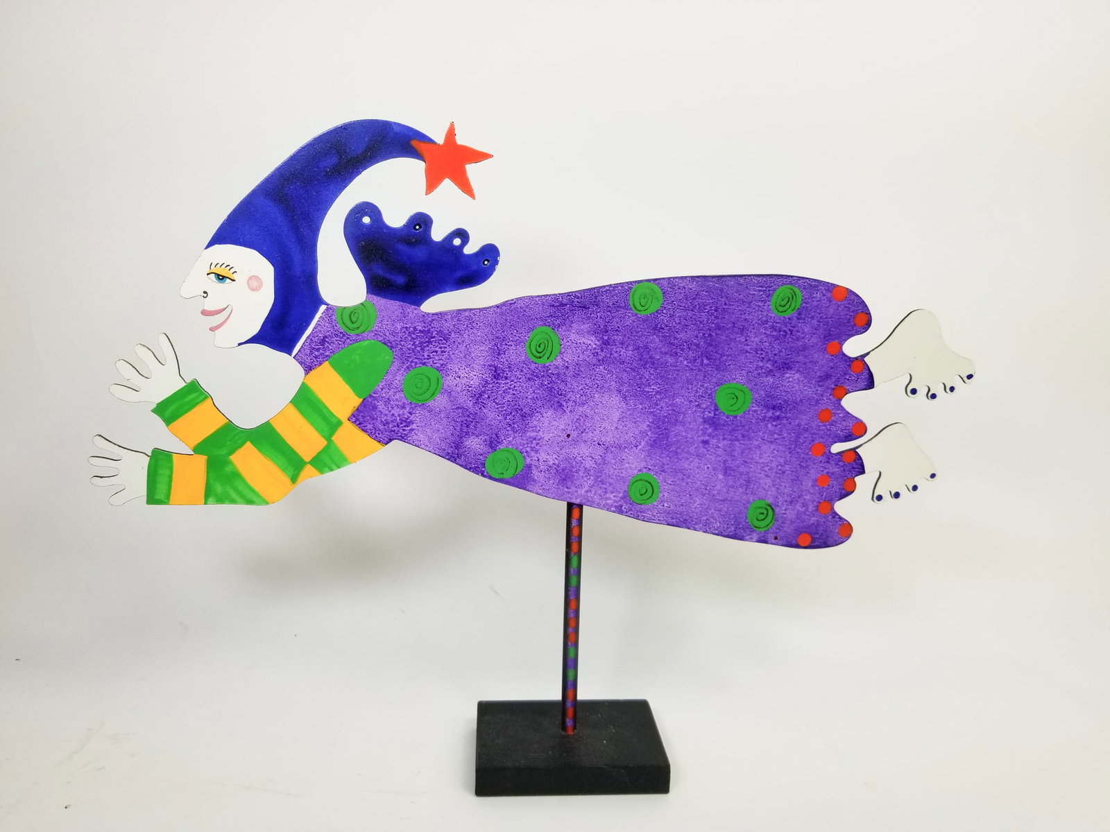 Judie Bomberger Flying Witch Metal Sculpture: Judie Bomberger Flying Witch Metal Sculpture, signed on back of piece Size 11" H Literature Brooks Auction is not responsible for outbids. Questions? Call the office at (856) 694-2960 or email us di