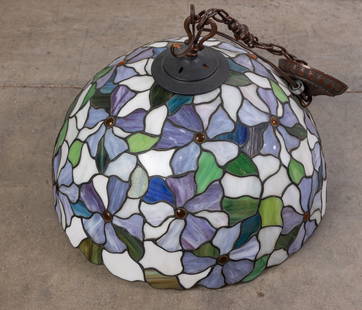 Leaded Glass Floral Motif Hanging Light Fixture: Leaded Glass Floral Motif Hanging Light Fixture Size 14" x 18" diameter Literature  Brooks Auction is not responsible for outbids. Questions? Call the office at (856) 694-2960 or email us directly at