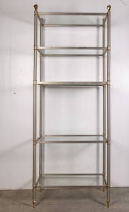 Vintage Modern 5-Tiered Etagere: Vintage Modern 5-Tiered Etagere: the bottom shelf is cracked/chipped Size 83" x 32" x 16" Literature Brooks Auction is not responsible for outbids. Questions? Call the office at (856) 694-2960 or em