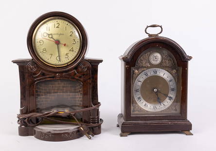 Two Vintage Clocks: Two Vintage Clocks: Mastercrafters fireplace clock, tested and working - Elliot London vintage mantel clock Size 7" x 12" x 12" (box size) Literature  Brooks Auction is not responsible for outbids. Q
