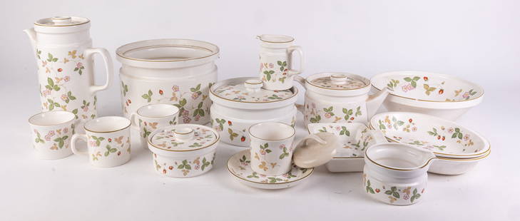 Wedgwood Wild Strawberry Porcelain Dinnerware Set: Wedgwood Wild Strawberry Porcelain Dinnerware Set: some minor chips pictured Size 7" x 12" x 12" Literature  Brooks Auction is not responsible for outbids. Questions? Call the office at (856) 694-296