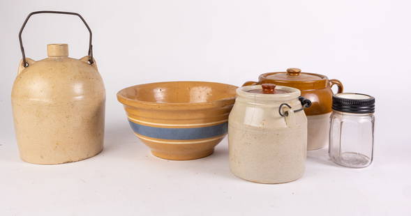 Vintage & Antique Stoneware Assortment ft. Yellow Ware Bowl: Vintage & Antique Stoneware Assortment ft. Yellow Ware Bowl Size 7" x 12" x 12" Literature  Brooks Auction is not responsible for outbids. Questions? Call the office at (856) 694-2960 or email us dir