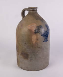 Two Gallon "J. Brown Jr. Fall River" Stoneware Jug with Cobalt Design: Two Gallon "J. Brown Jr. Fall River" Stoneware Jug with Cobalt Design, stoneware jug with handle and cobalt design, stamped with the words "J. Brown Jr. Fall River", slight damage to rim, indent/imper