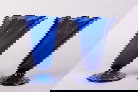 Pair of Durand Glassworks Attributed Antique Cobalt Optical Ribbed Vases: Pair of Durand Glassworks Attributed Antique Cobalt Optical Ribbed Vases Size 6" x 4" x 4" Literature  Brooks Auction is not responsible for outbids. Questions? Call the office at (856) 694-2960 or e