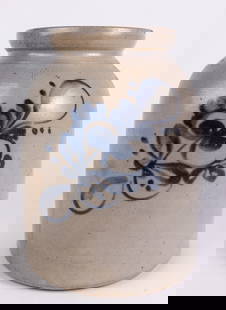 One and a Half Gallon Crock with Floral Cobalt Design: One and a Half Gallon Crock with Floral Cobalt Design, stoneware crock stamped with 1 1/2 mark and decorated with intricate cobalt floral design. good condition besides ~4in hairline crack to left of