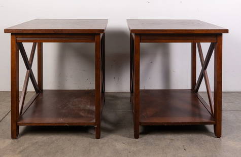 Pair of Contemporary Wooden Side Tables: Pair of Contemporary Wooden Side Tables Size 25" x 24" x 22" Literature  Brooks Auction is not responsible for outbids. Questions? Call the office at (856) 694-2960 or email us directly at info@brook