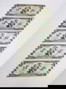Five Two Dollar Federal Reserve Notes: (5) Two Dollar Federal Reserve Notes: (2) Series 1976 - (3) Series 2003 Literature  Brooks Auction is not responsible for outbids. Questions? Call the office at (856) 694-2960 or email us directly at