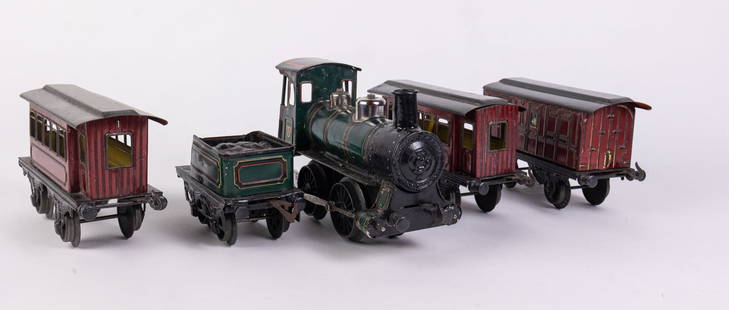 Antique Bing Gauge 1 Wind Up Train Set: Antique Bing Gauge 1 Wind Up Train Set: VGC minimal playwear with engine, tender and 3 coaches Size 5" x 10" x 3" Literature  Brooks Auction is not responsible for outbids. Questions? Call the office