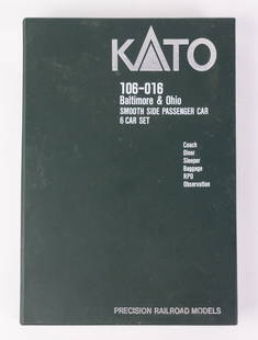 KATO N-Scale #106-016 Baltimore & Ohio B & O Smooth Side Passenger 6 Car Set: KATO N-Scale #106-016 Baltimore & Ohio B & O Smooth Side Passenger 6 Car Set Size 12" x 9" x 2" Literature  Brooks Auction is not responsible for outbids. Questions? Call the office at (856) 694-2960