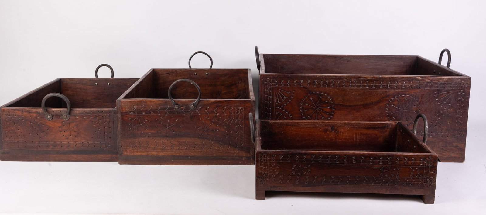 Set of Four Carved Wooden Decorative Boxes: Set of Four Carved Wooden Decorative Boxes Size 10" x 15" x 20" Literature Brooks Auction is not responsible for outbids. Questions? Call the office at (856) 694-2960 or email us directly at info@br