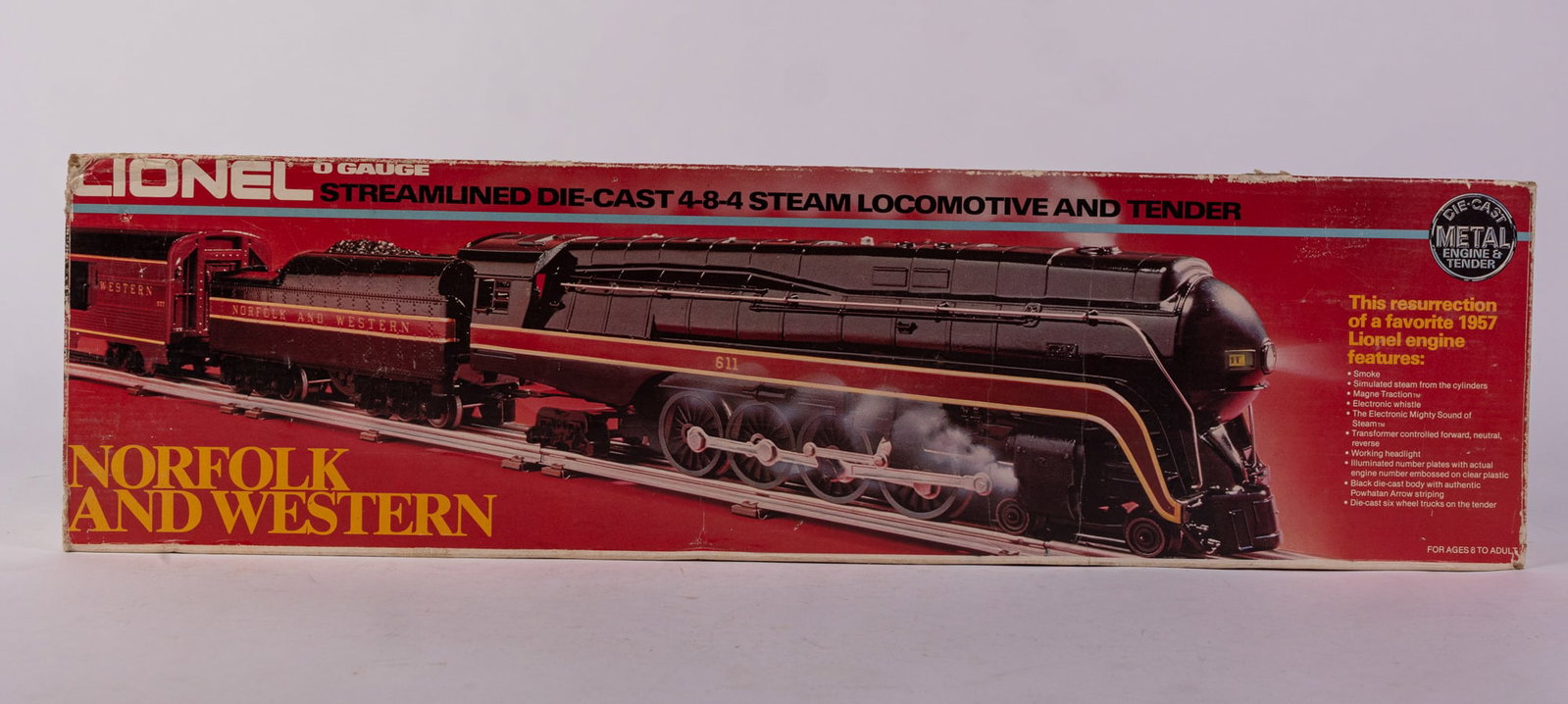Lionel 4-8-4 Norfolk and Western Steam Locomotive and Tender: Lionel 4-8-4 Norfolk and Western Steam Locomotive and Tender, in original box Size 7" x 24" x 5" Literature Brooks Auction is not responsible for outbids. Questions? Call the office at (856) 694-296