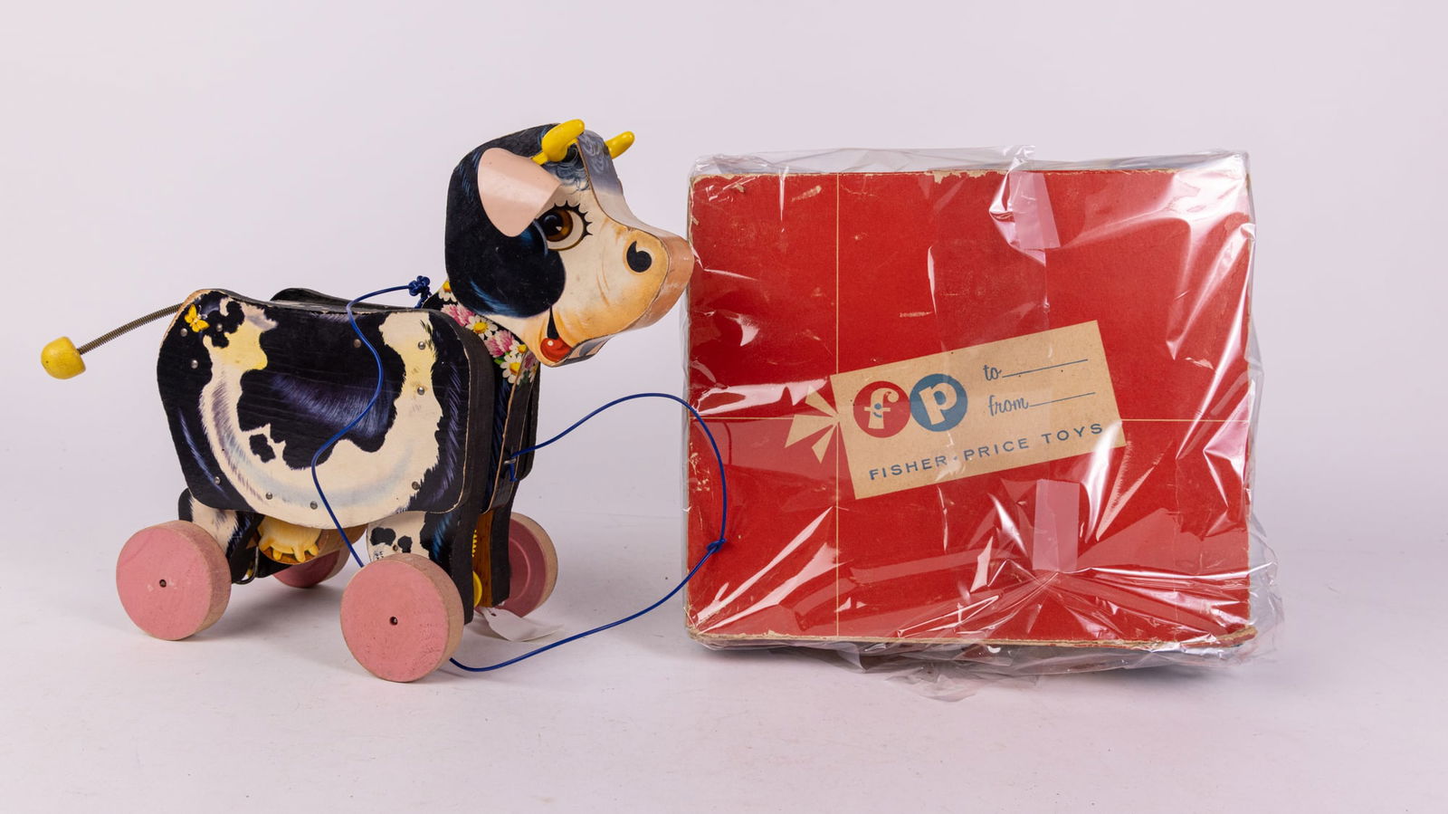 Vintage Fisher Price Toy Pull Along MOO-OO Cow No. 155 1950s w/ Box (1 of 6)