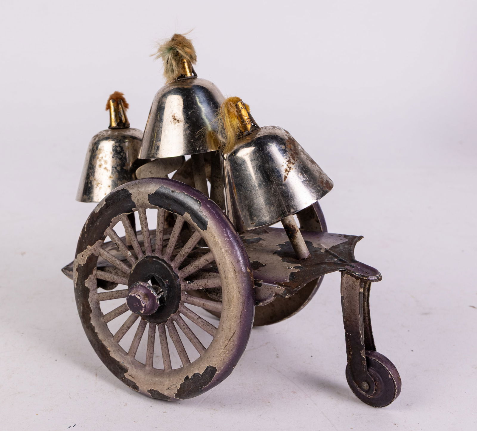 Early Tin Bell Pull Toy w/ 3 Chromed Steel Bells: Early Tin Bell Pull Toy w/ 3 Chromed Steel Bells Size 7" x 7" x 3" Literature Brooks Auction is not responsible for outbids. Questions? Call the office at (856) 694-2960 or email us directly at info