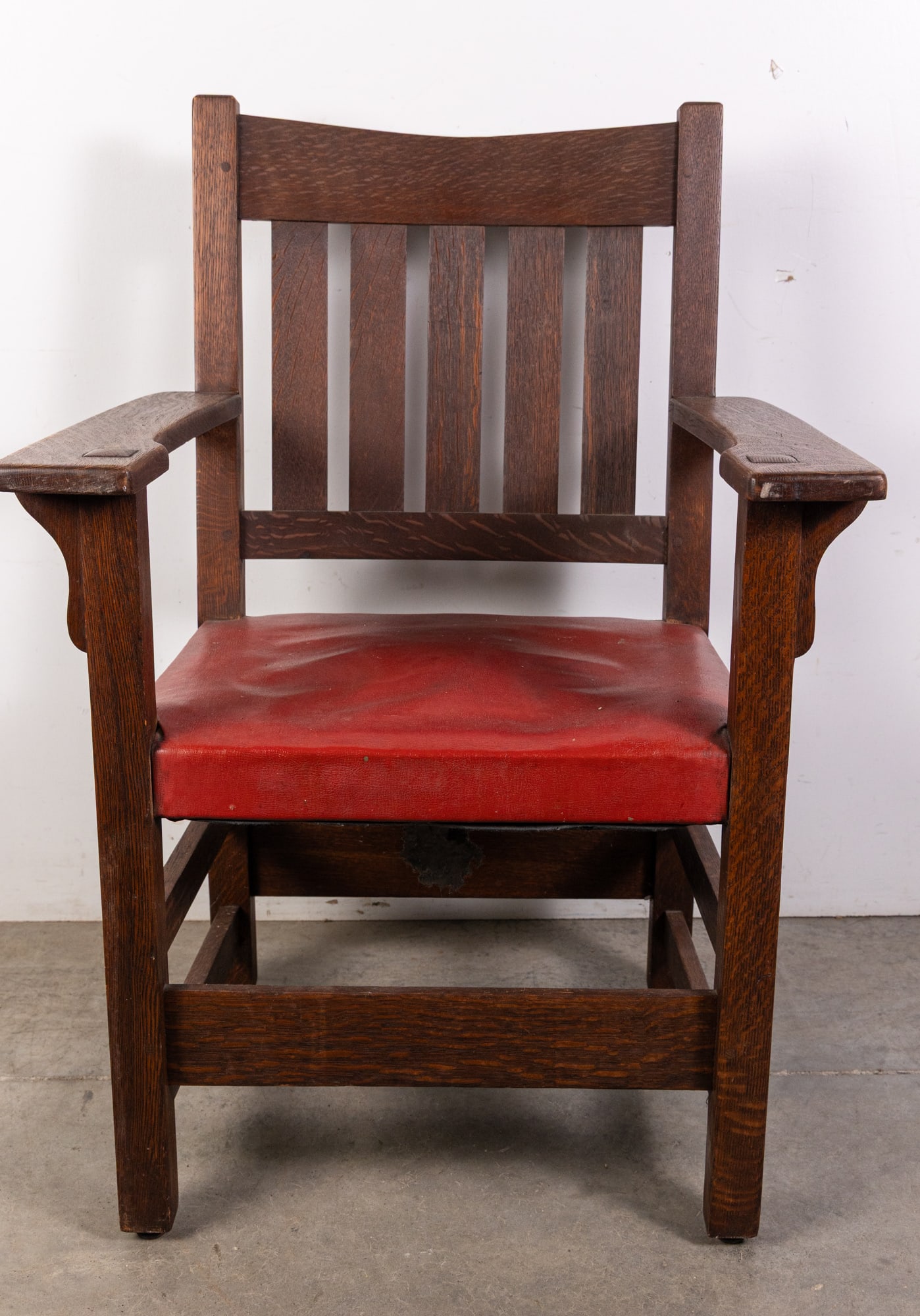 Antique Mission Arts & Crafts Oak Arm Chair: Antique Mission Arts & Crafts Oak Arm Chair Size 36" x 26" x 20" Literature Brooks Auction is not responsible for outbids. Questions? Call the office at (856) 694-2960 or email us directly at info@b